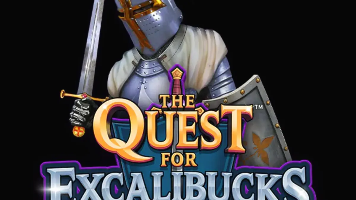 Cena épica de um castelo medieval com o título do jogo The Quest for Excalibucks em destaque
