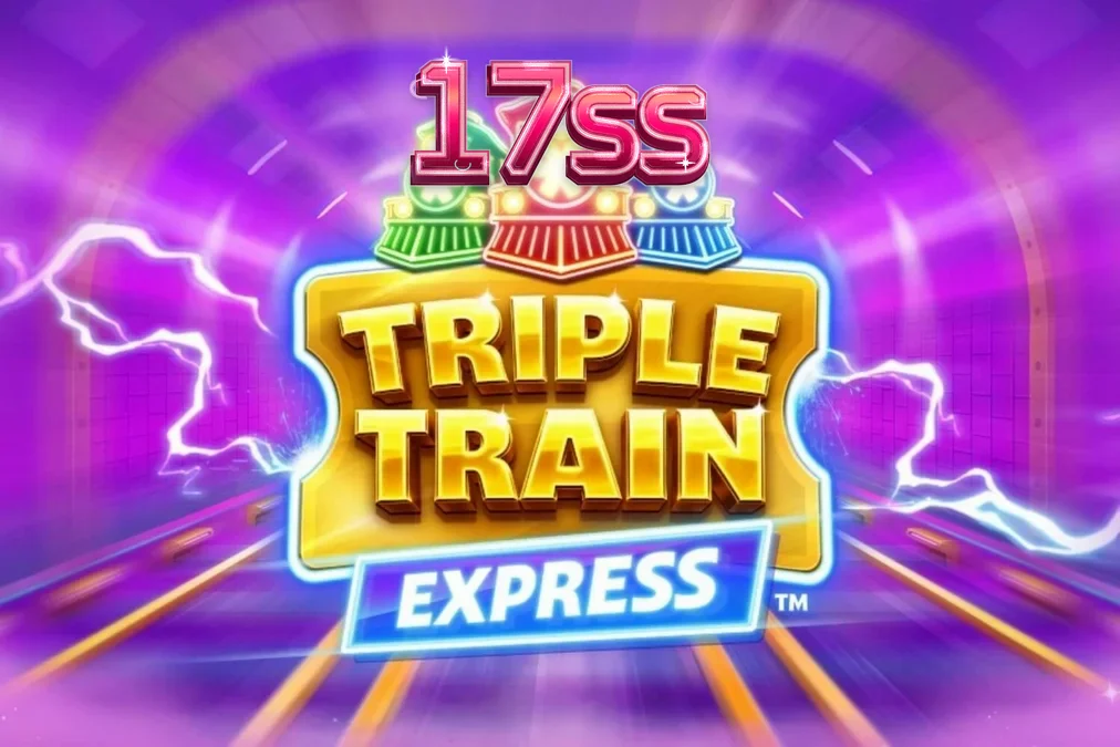 Locomotiva futurista em um túnel de neon no slot Triple Train Express